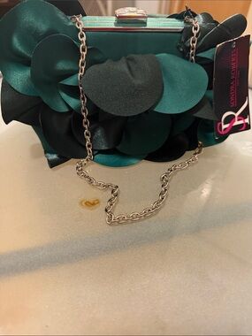 Sondra Roberts Teal and Black Floral Satin Chain Minaudière